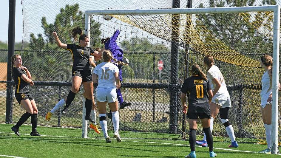 FHSU's Hannah Mares scores on a header in the first half of Sunday's match with Emporia State at the FHSU Soccer Stadium. FHSU Athletics/Nicole Heitmann