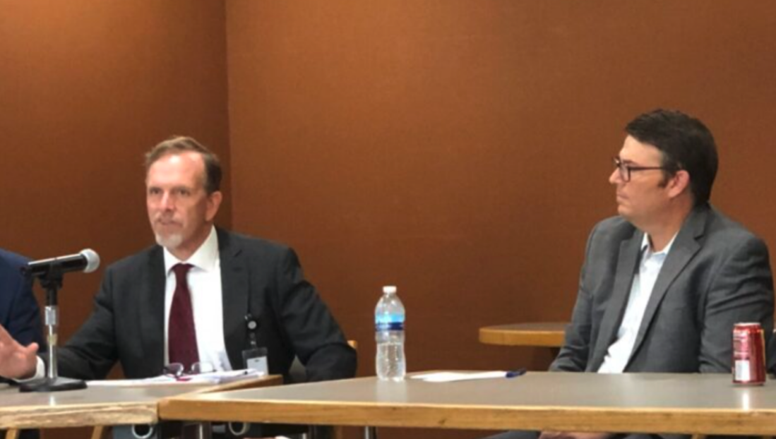 Darrell Missey (left), director of Children’s Division, speaks at an Aug. 13 hearing, alongside Todd Richardson, director of MO HealthNet (Clara Bates/Missouri Independent).