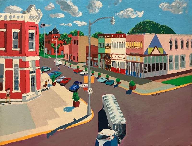 "Untitled," a view of the corner of Lincoln and Main from John Heter's studio in the Sundstrom, circa the mid-70s. Image courtesy Smoky Valley Arts and Folklife Center.