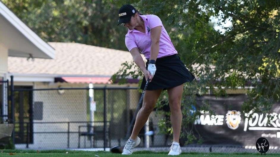 FHSU's Morgan Brasser on the No. 1 tee box Monday at Smoky Hill County Club. the junior was the leader after day one. (FHSU Athletics photo/Ryan Prickett)