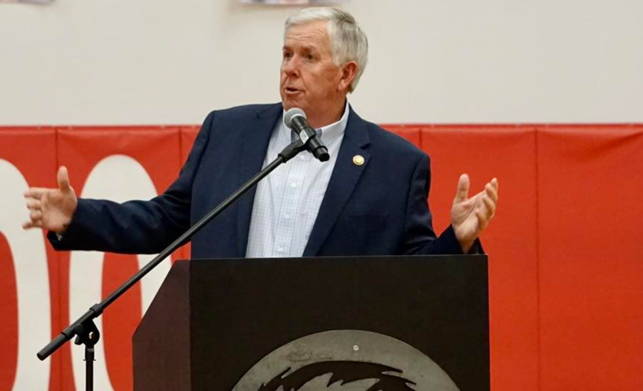 GOv. Mike Parson during a stop at Kirkwood High School Thursday