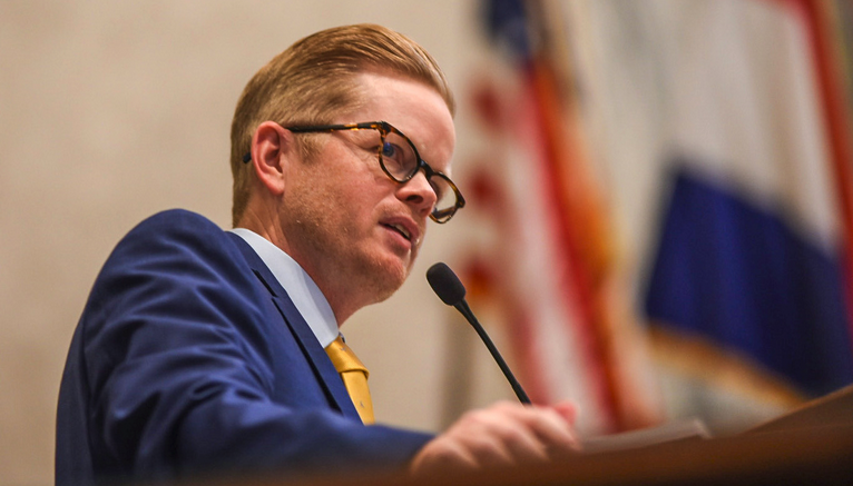 Sen. Caleb Rowden, R-Columbia, gives a speech after his colleagues unanimously approved his appointment as president pro tem on Jan. 4, 2023 (Annelise Hanshaw/Missouri Independent).