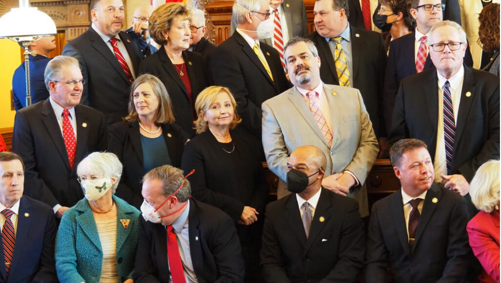 Manhattan City Commission member Usha Reddi was chosen to replace retiring Democratic state Sen. Tom Hawk, top row in mask, on Jan. 10. She has served on the city commission since 2013 and was a candidate for U.S. Senate until ending that campaign during the COVID-19 pandemic in 2020. (Tim Carpenter/Kansas Reflector)