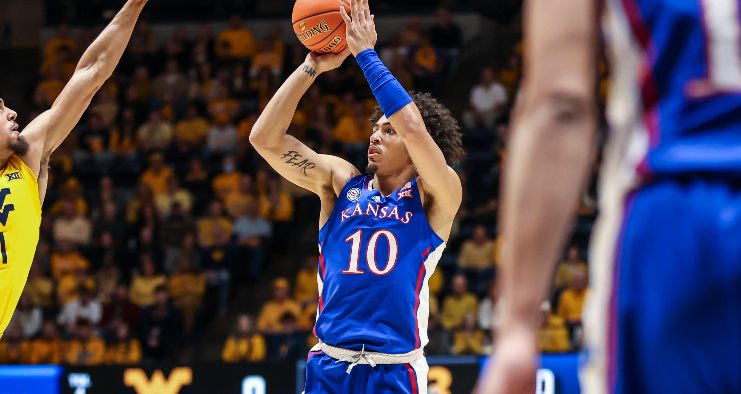 KU's Jalen Wilson scored 14 points and grabbed 14 rebounds Saturday at West Virginia. (KU Athletics photo)