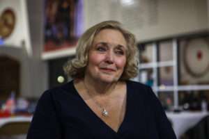 Carol Blood speaks to the Nebraska Examiner during her watch party in Omaha. (Jazari Kual/Nebraska Examiner)