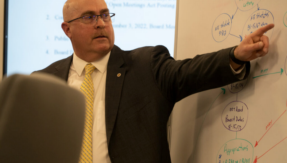Nebraska Environmental Trust executive director Karl Elmshauser explains the Trust’s finances to the board on Tuesday, Jan. 10, 2023, Lincoln, Neb. (Zach Wendling/Nebraska Examiner)