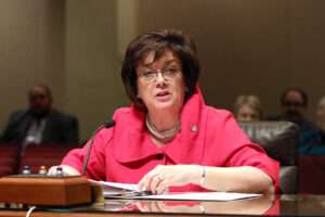 State Sen. Joni Albrecht of Thurston testifies at a committee hearing in the Nebraska Legislature. (Courtesy of Unicameral Information Office)