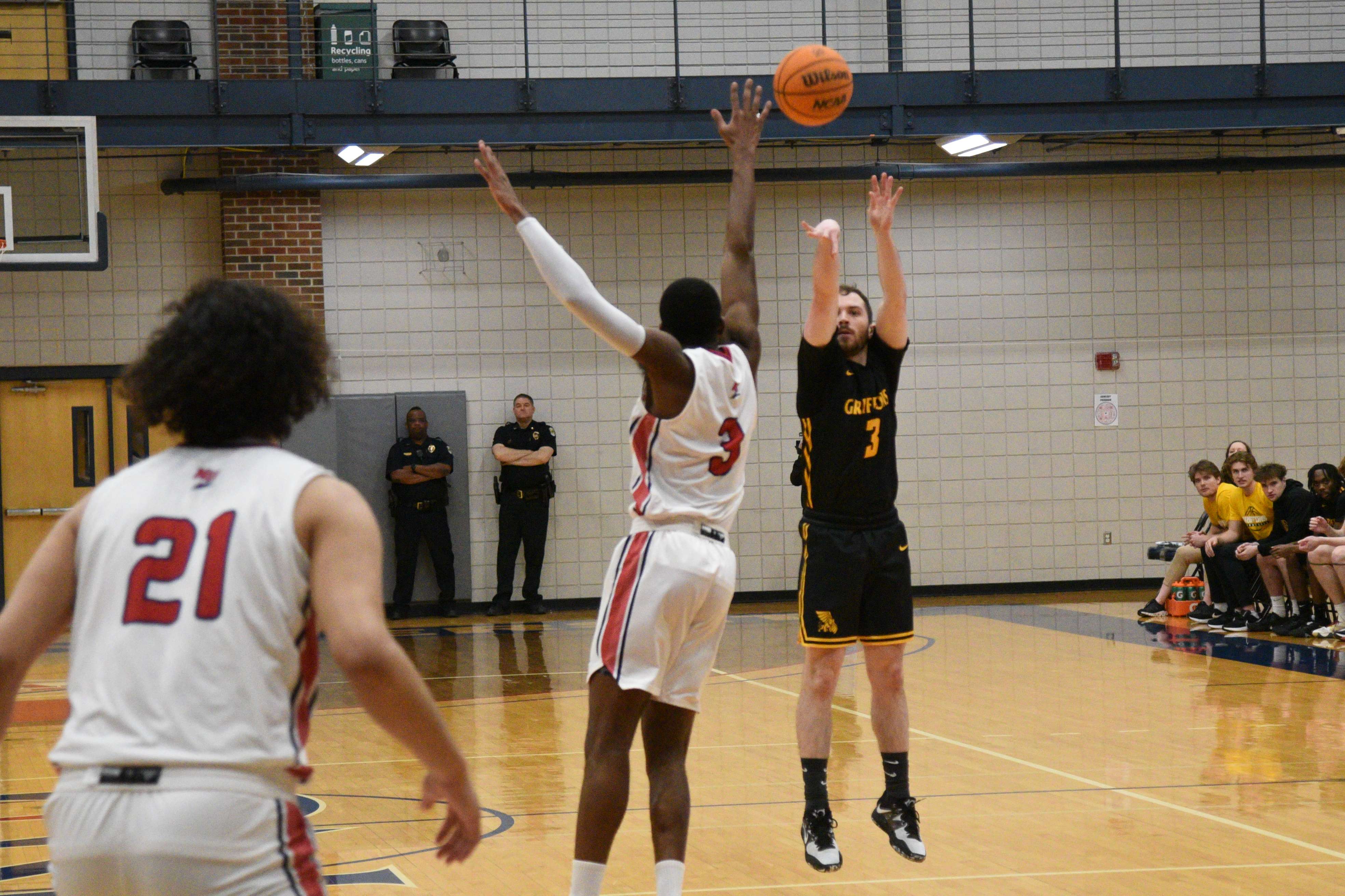 Missouri Western's Reese Glover (3) takes what would end up being his 234th career made three-pointer - the three he needed to break the all-time record for most made three pointers in a career in Missouri Western men's basketball history. Photo by Paul Smith.