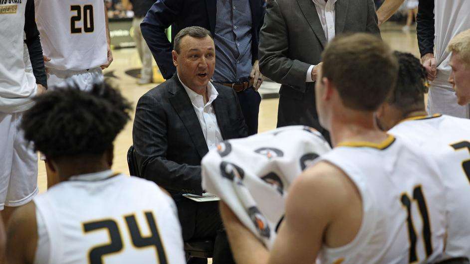 FHSU coach Mark Johnson addresses his team during a timeout earlier this season at Gross Memorial Coliseum. (FHSU Athletics photo/Madison Shapland)