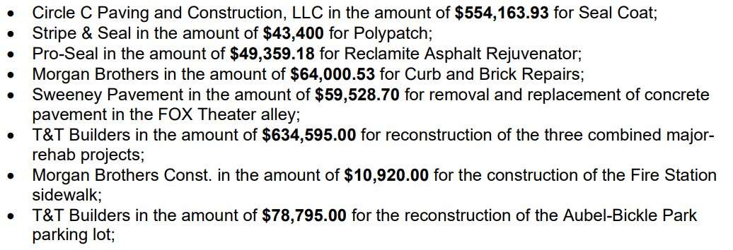 Total cost of&nbsp; the this year's street maintenance projects in Hays is $1.4 million to be funded out of the Special Highway budget.&nbsp; Another $79,000 for the Aubel-Bickle Park parking lot will come from the Special Parks fund. (City of Hays document)