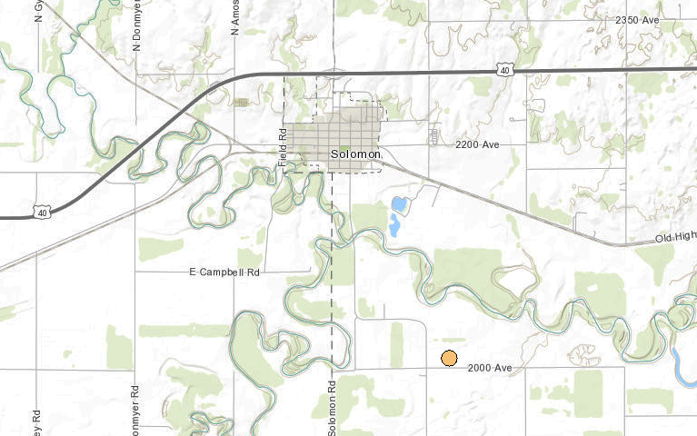 <b>The location of the 9:43 a.m. Tuesday, 2.4 magnitude Dickinson County earthquake. </b>Map courtesy Kansas Geological Survey