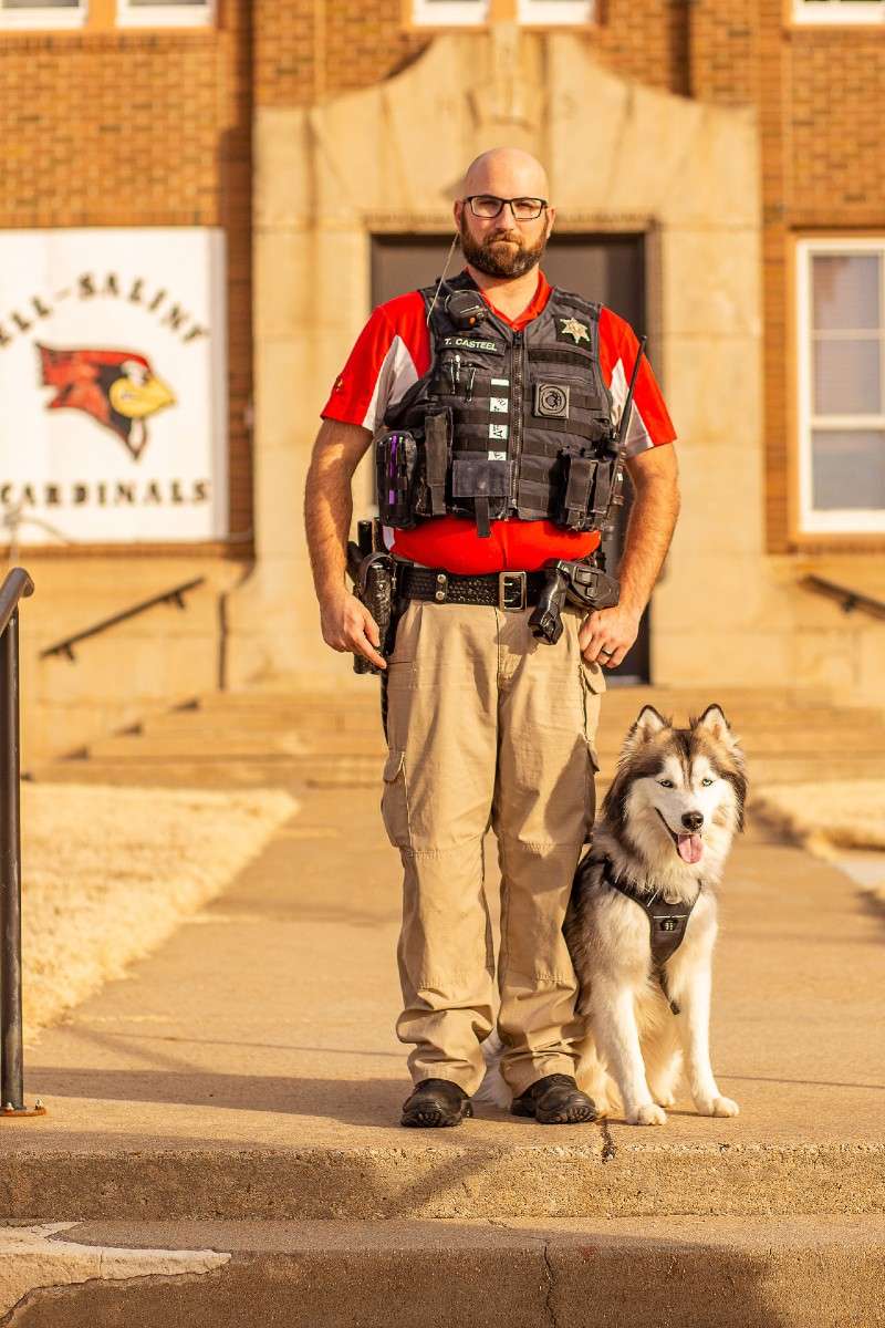 Deputy Tyler Casteel and his K-9, Jax, are assigned to USD 307 working at the Ell-Saline schools. Jax is a Alaskan Malamute mix.