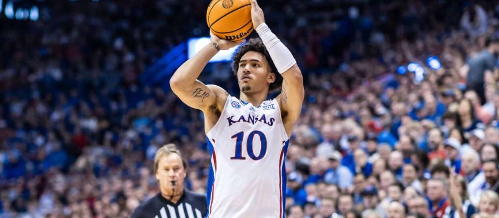 Kansas Jayhawk Jalen Wilson attempts a shot vs. TCU Saturday January 21, 2023 in Lawrence, Kan. (Kansas Athletics photo)