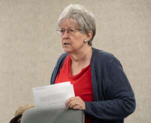 Sandy Scofield, president of Friends of the Nebraska Environmental Trust, speaks before the Trust board concerning its grants application process at its Jan. 10 meeting. (Zach Wendling/Nebraska Examiner)