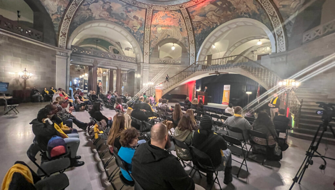 Around 70 school-choice advocates rally under the Missouri Capitol rotunda Tuesday as part of National School Choice Week (Annelise Hanshaw/Missouri Independent).
