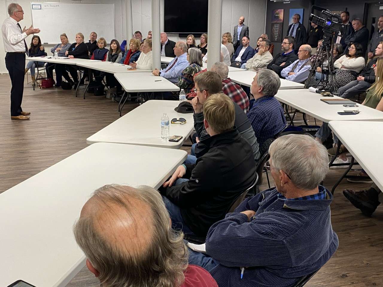 U.S. Sen. Jerry Moran, R-Kan., answers questions from constituents at a town hall meeting in Hays on Jan. 27. Photo by Becky Kiser/Hays Post