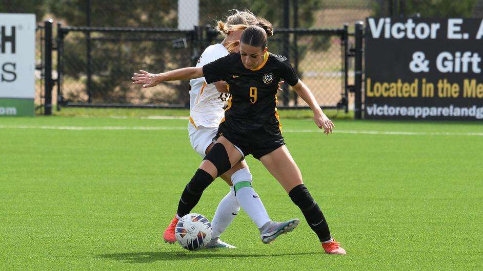 Fort Hays State's Claire Gaeth tries to control the ball in an NCAA soccer match against Missouri Western State in Hays, Kan., on Oct. 1, 2023. (FHSU Athletics photo/Ryan Prickett)