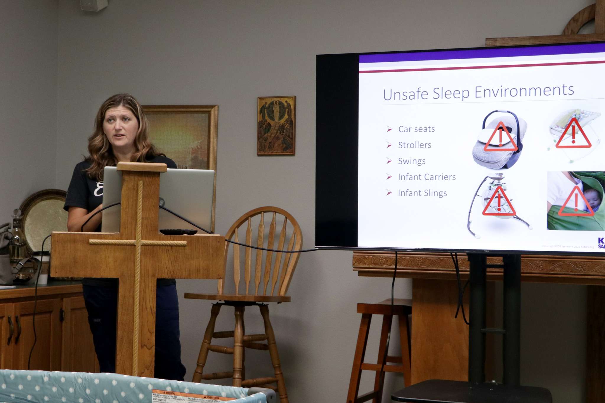 Jill Roberts, RN, Reno County Health Dept., talked about the specifics of what can make an item become an unsafe sleep environment. Photo Courtesy Reno County.