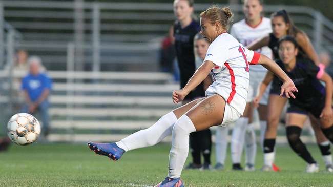 Jayda Wyatt connects on a penalty kick to tie the game in a 2-1 Blue Dragon victory over Dodge City on Wednesday at the Salthawk Sports Complex. (McKenzie Franklin/ Blue Dragon Sports Information)