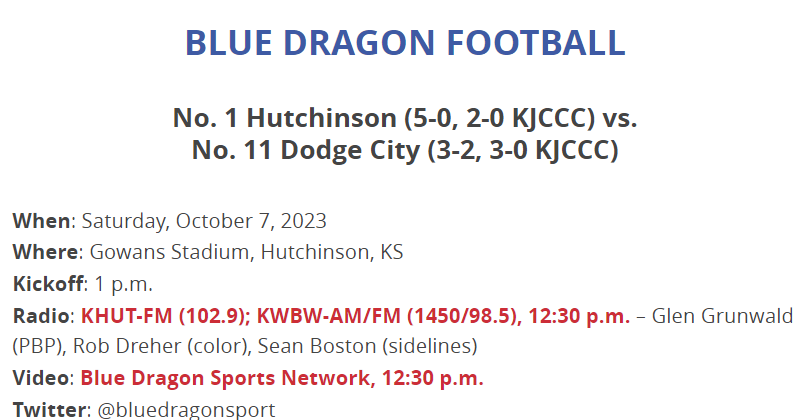 Hutchcc FB Game Day info vs Dodge City