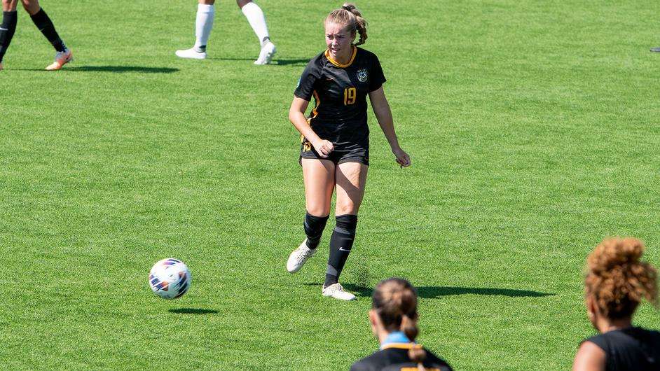 Fort Hays State's Skyler Forrest goes after the ball in an NCAA soccer match against Central Oklahoma, Sunday, Oct. 8, 2023, in Hays, Kan. (FHSU Athletics photo/Ryan Prickett)