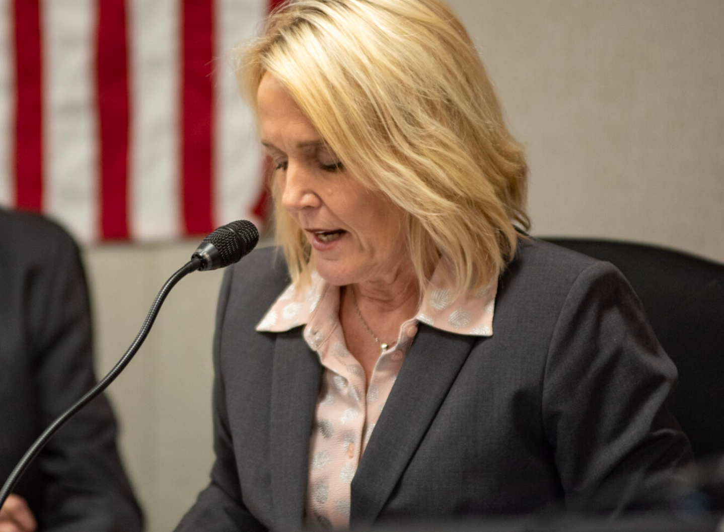 Missouri Commissioner of Education Margie Vandeven announces her resignation during the State Board of Education meeting Tuesday (Annelise Hanshaw/Missouri Independent).