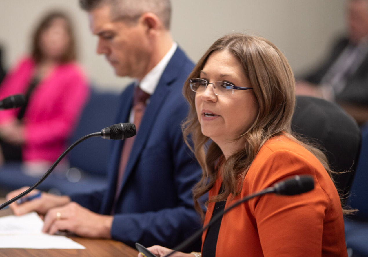  Chrissy Bashore, Missouri Department of Elementary and Secondary Education's coordinator of school Ccunseling and student wellness, presents an update on social-emotional-learning standards Tuesday during the State Board of Education meeting (Annelise Hanshaw/Missouri Independent).