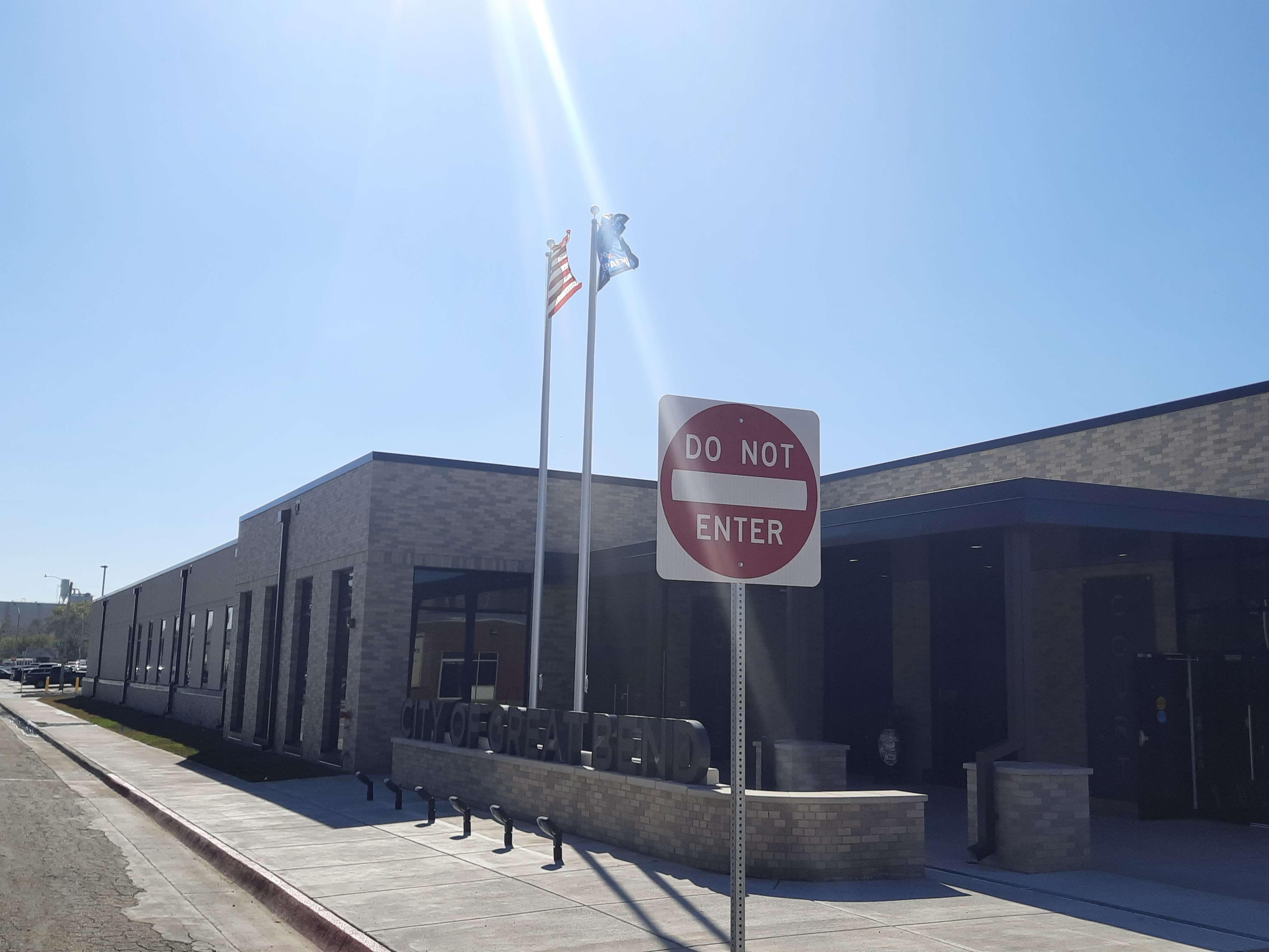 One-way signs have been installed on Baker Avenue in front of the new Great Bend Justice Center. Permanent stop signs will be added on 12th Street at the intersection this week.