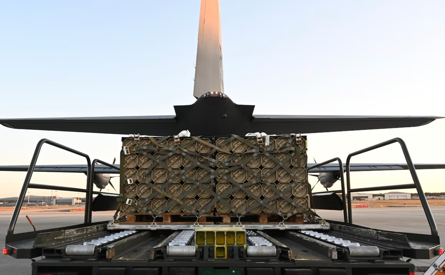 Pallets of ammunition are loaded onto an 86th Airlift Wing C-130J Super Hercules at Ramstein Air Base, Germany&nbsp;<b>Photo By:</b>Air Force Capt. Emma Quirk