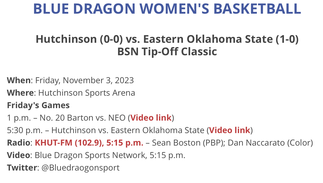 HutchCC WBB Game 1 Info