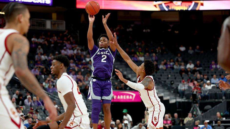 Kansas State guard Tylor Perry shoots the ball in an NCAA basketball game NCAA college basketball game against USC, Monday, Nov. 6, 2023, in Las Vegas. (Kansas State Athletics photo)