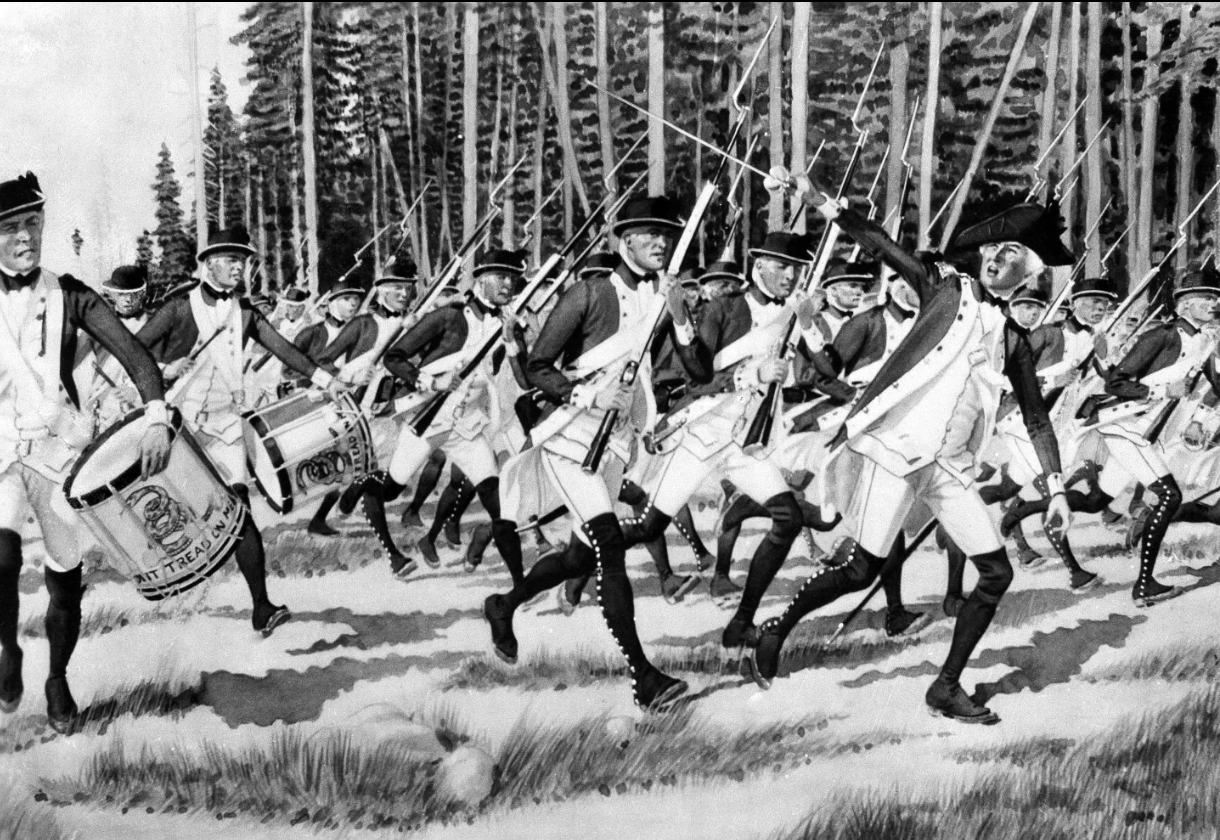 The first U.S. Marines in action shown as the Continental American Marines of the Revolution. On November 10 we will celebrate the 167th anniversary of the birth of the United States Marine Corps. On that date in 1775 by a resolution of Continental Congress. Shown in artwork Oct. 23, 1942. (AP Photo)