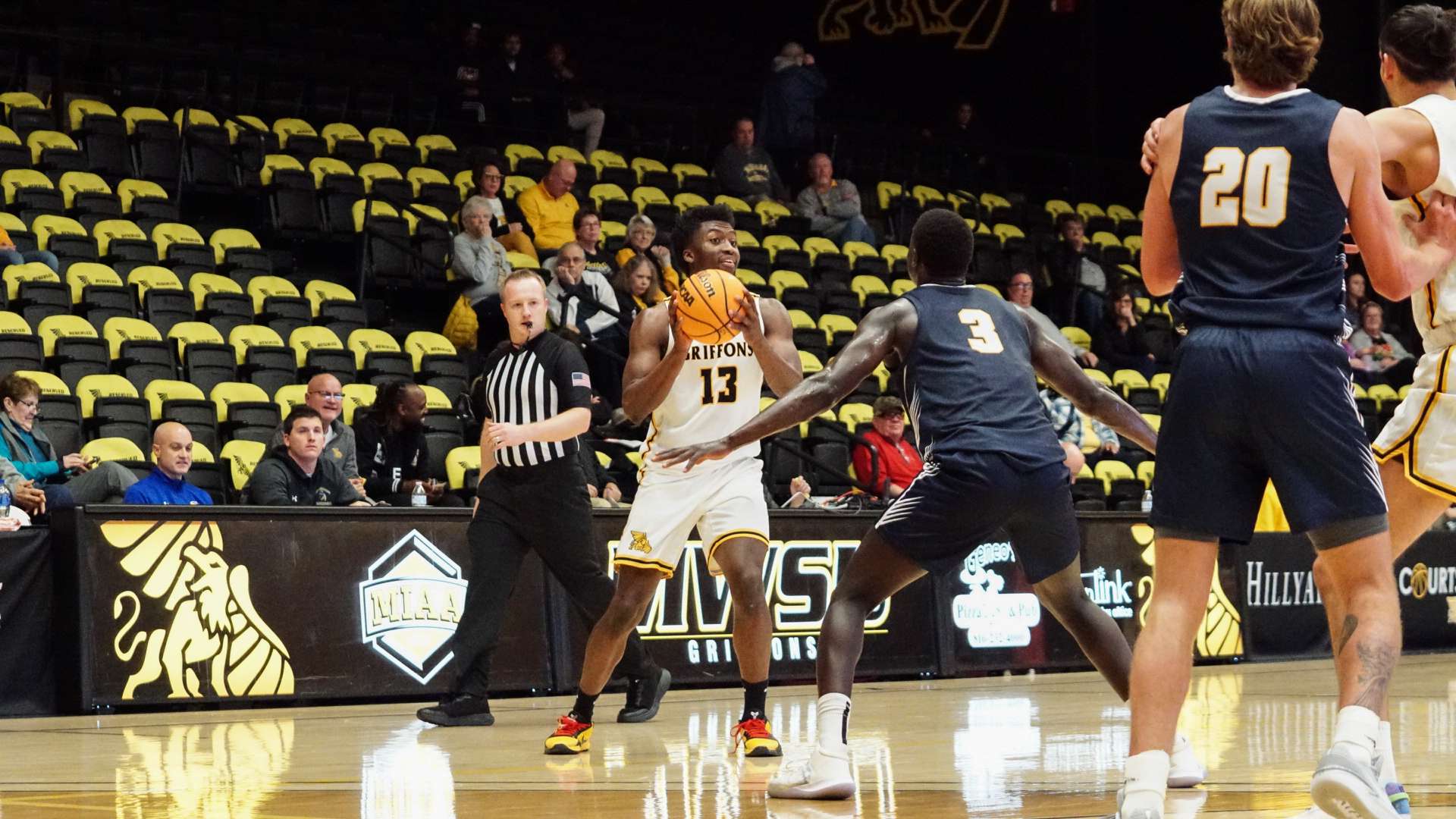 Taye Fields (13) holds the ball during Missouri Western's 76-72 win over Augustana on Friday in the Hillyard Tip-off Classic at the MWSU Fieldhouse. Photo by A.J. Robbins.