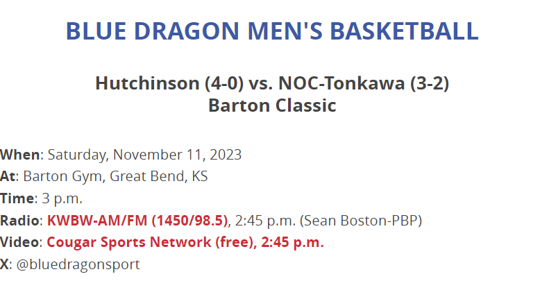 HutchCC vs NOC-Tonkawa Game Info. Game on KWBW Radio