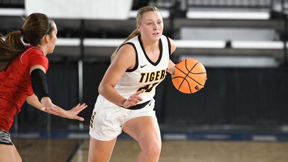 Fort Hays State's Katie Wagner brings the ball up the floor in an NCAA basketball game vs. Minot State in St. Joseph, Mo., Friday, November 10, 2023. (FHSU Athletics photo/Ryan Prickett)