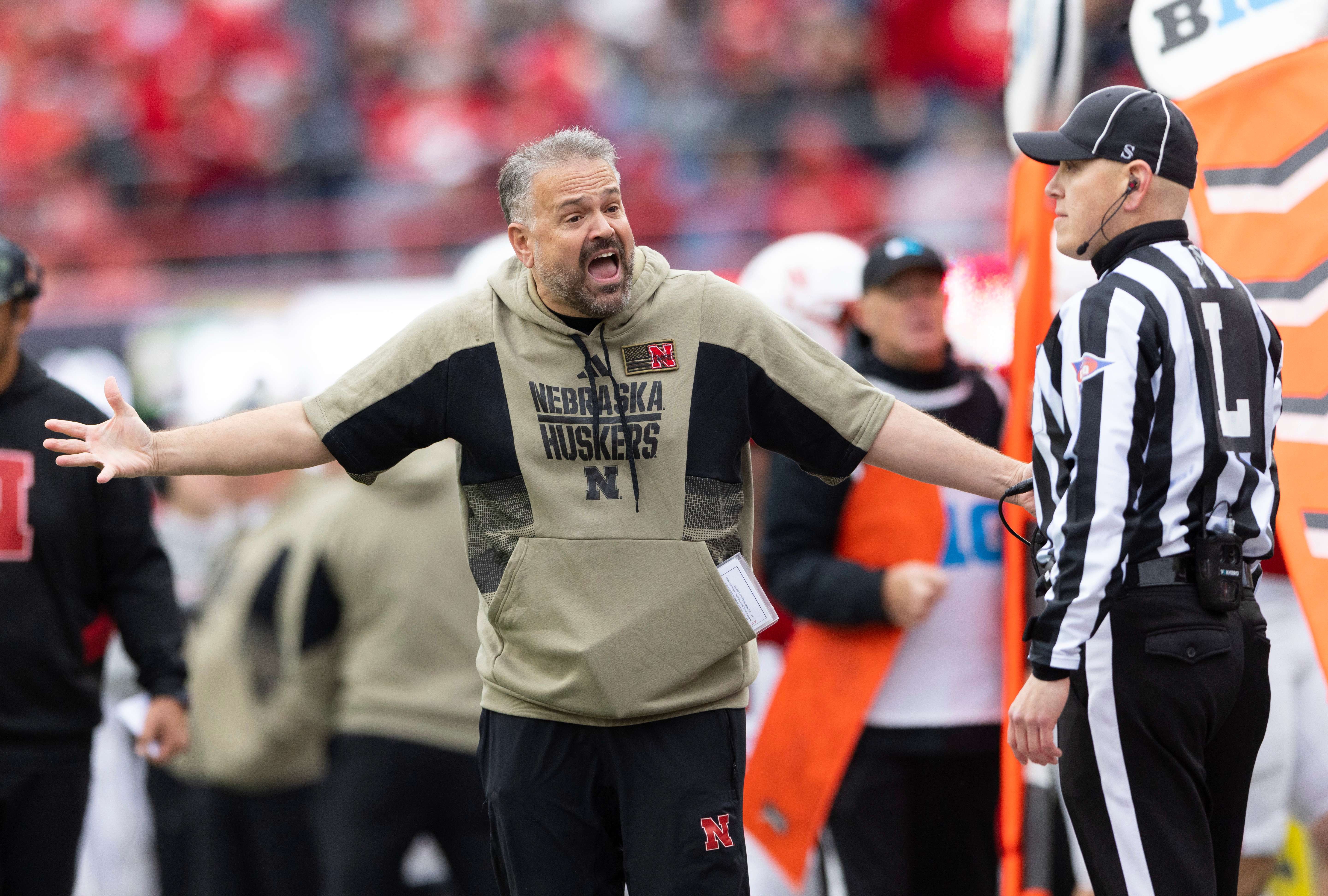 Nebraska head coach Matt Rhule yells at an official arguing for pass interference following a Maryland interception during the first half of an NCAA college football game Saturday, Nov. 11, 2023, in Lincoln, Neb. (AP Photo/Rebecca S. Gratz)