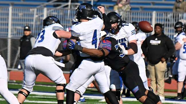 Daniel Brown's sack/fumble proved to be the momentum-changing play as the No. 1 Blue Dragons defeated No. 2 Iowa Western 42-28 on Saturday at Gowans Stadium. (Andrew Carpenter/Blue Dragon Sports Information)
