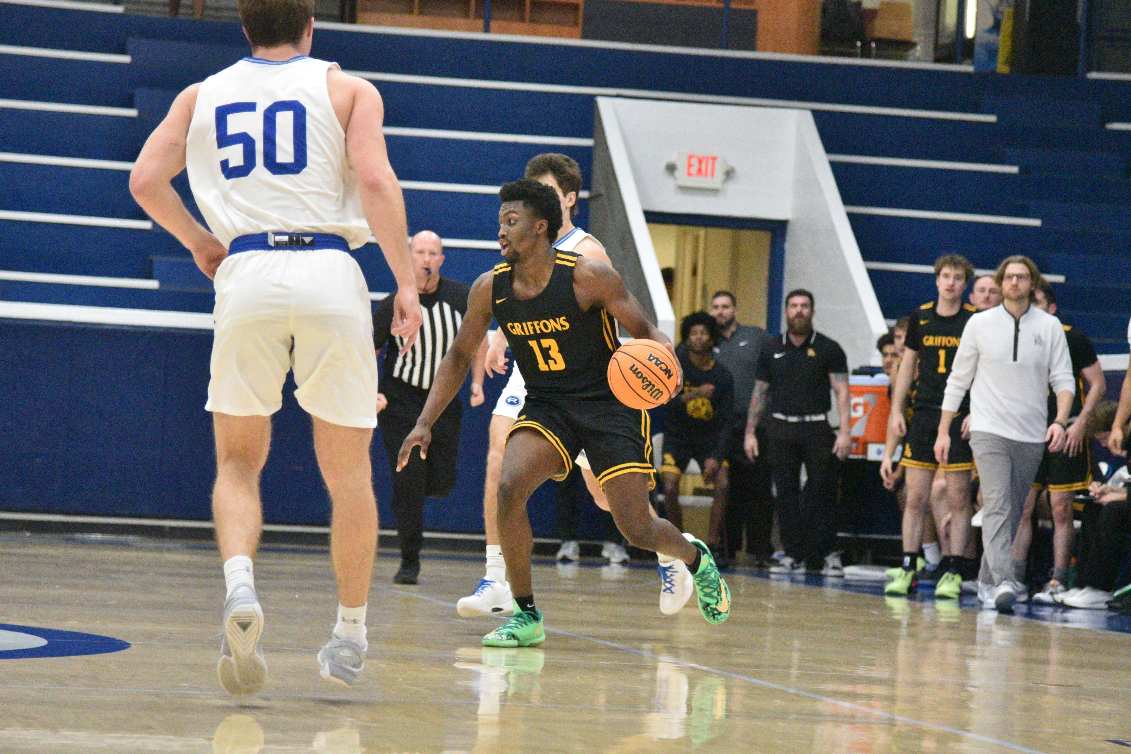 Taye Fields (13) scored 13 points to go with seven rebounds and six assists in Missouri Western's 92-76 win at Rockhurst Wednesday. Photo by Derek Zimmerman-Guyer.