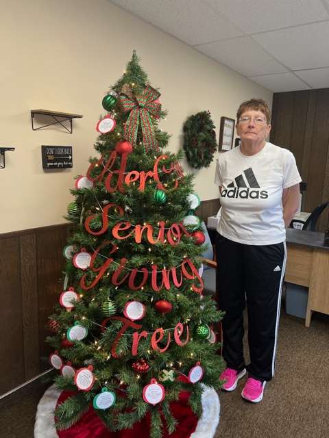 Darla Stroud of Darla’s Daycare stops by the ElderCare office to take a few gift tags from the Giving Tree. This is an annual project for Stroud and the daycare children.