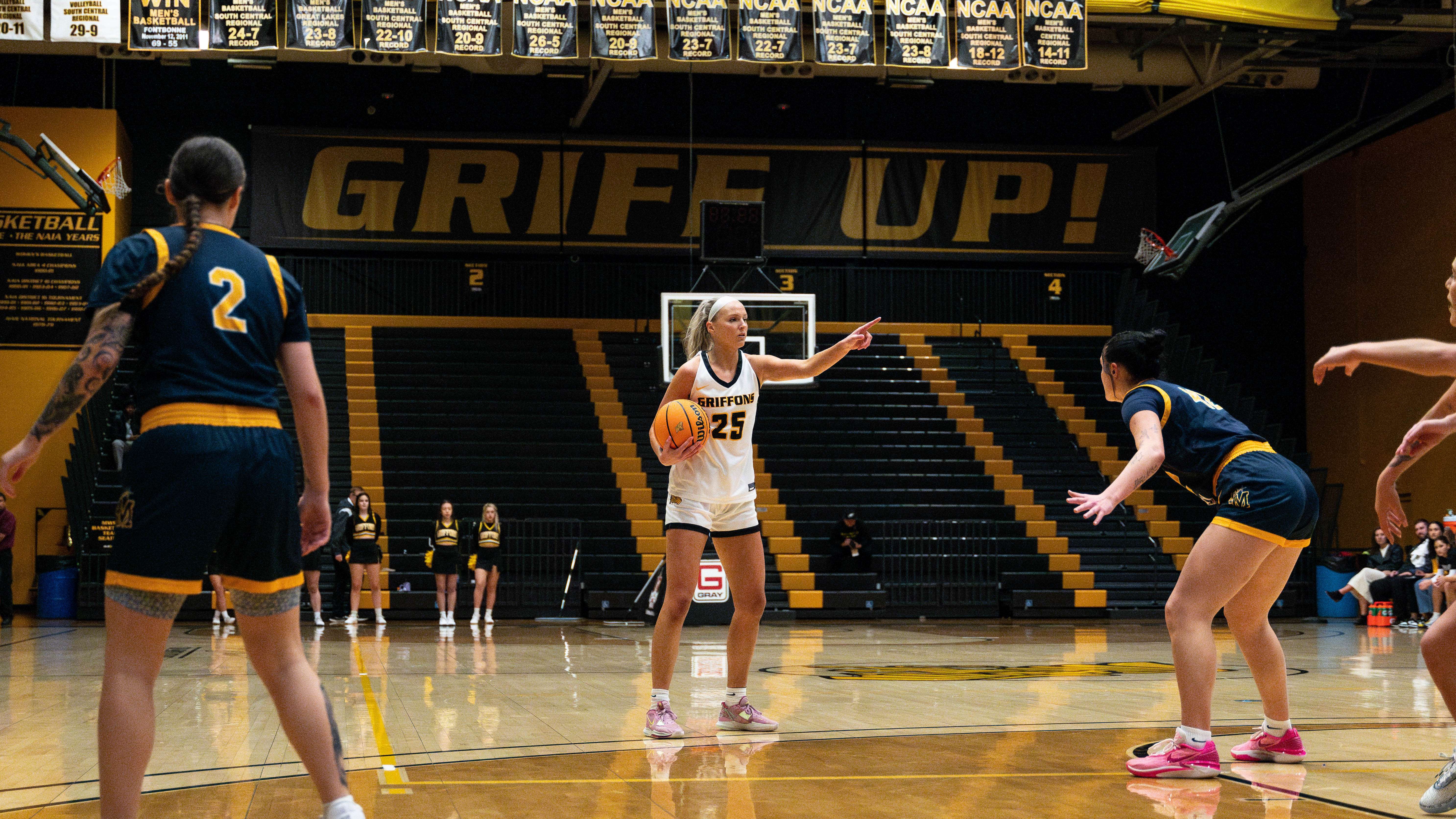 Mary Fultz (25) calls signals during Missouri Western's 103-65 win over Saint Mary on Monday at the MWSU Fieldhouse. Photo by A.J. Robbins.