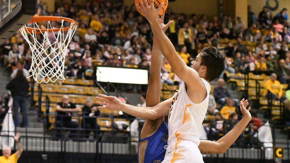 Fort Hays State's Kaleb Hammeke goes in for a layup in the first half of an NCAA basketball game against Central Christian College in Hays, Kan., Tuesday, Nov. 21, 2023. (FHSU Athletics photo/Nicole Heitmann)