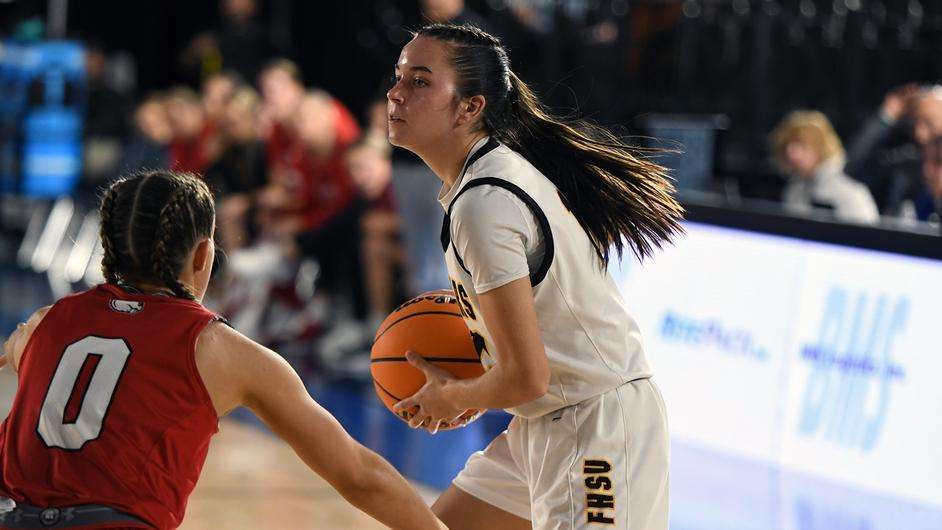 Fort Hays State freshman guard Landon Forbes looks over the defense in an NCAA basketball game against Minot State on Friday, November 10, 2023 in St. Joseph, Mo. (FHSU Athletics photo/Ryan Prickett)