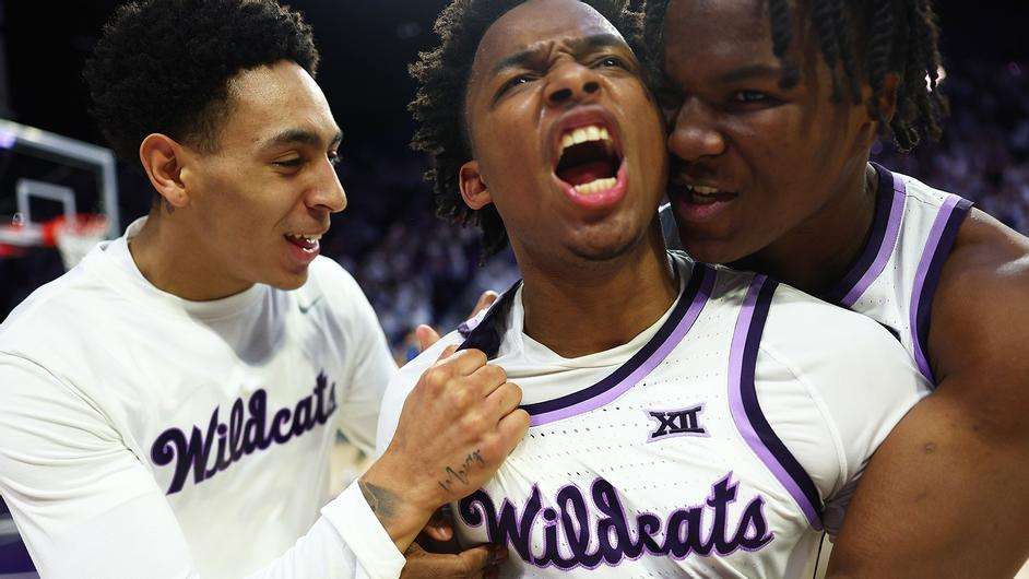 Kansas State's Tylor Perry celebrates after hitting a game-winning 3-pointer against Villanova, Tuesday, December 5, 2023 in Manhattan, Kan. (Kansas State Athletics photo)