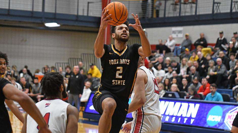 Fort Hays State forard forward Traejon Davis (2) drives in for a layup in the first half of an NCAA college basketball game against Newman on Sunday, December 17, 2023 in Wichita, Kan. (FHSU Athletics photo/Ryan Prickett(