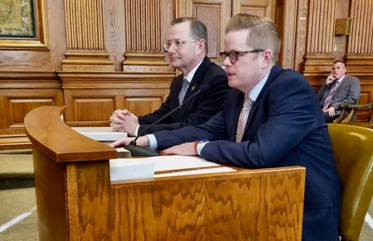 Brian Treece of Columbia, left, a nominee for the Highways and Transportation Commission, listens as Sen. Caleb Rowden introduces him Wednesday to the Senate Gubernatorial Appointments Committee (Rudi Keller/Missouri Independent).