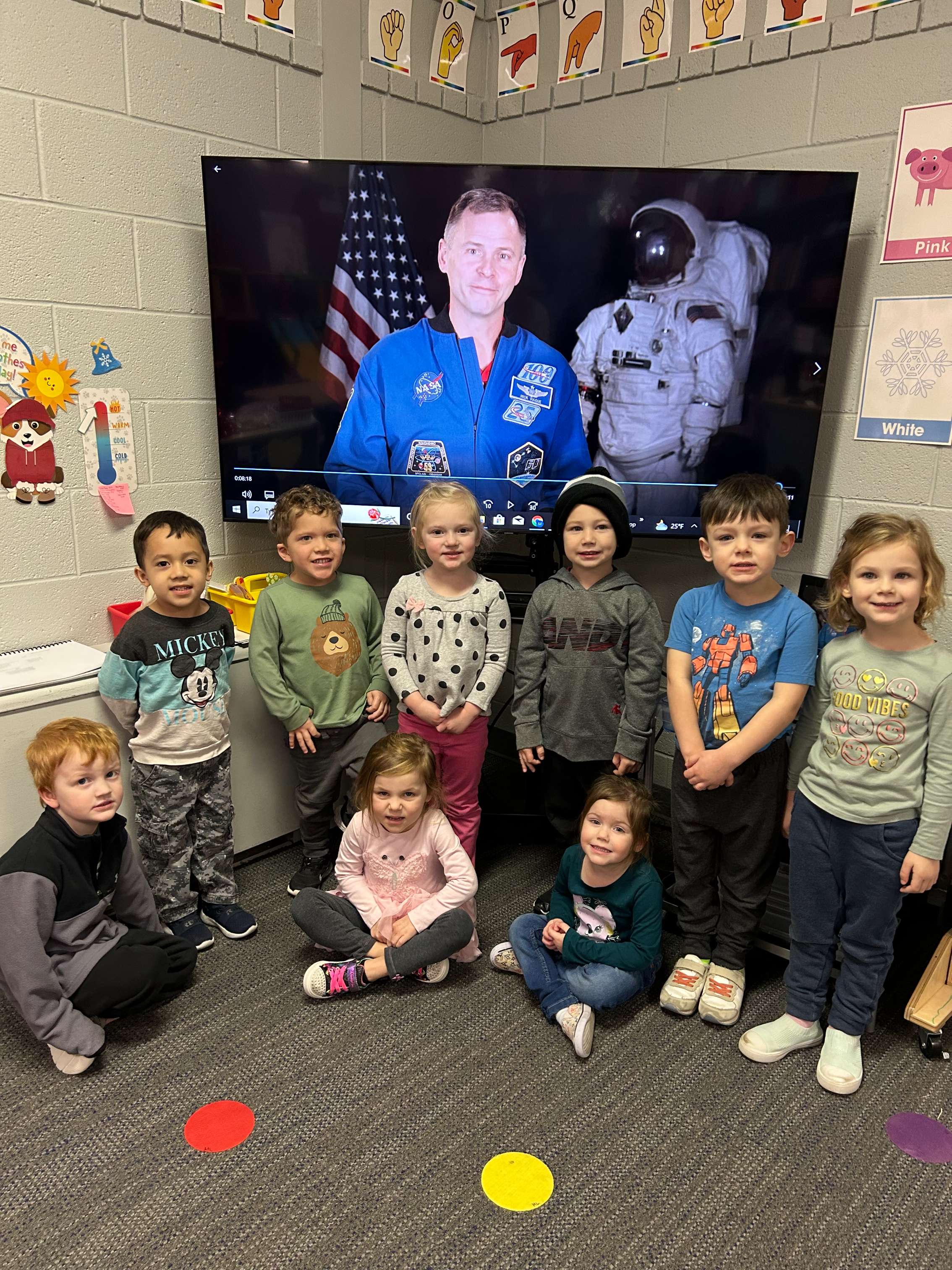 Students in Morgan Little's class at Little Panthers Preschool learn about space from NASA Astronaut, Nick Hague, during Space Week.