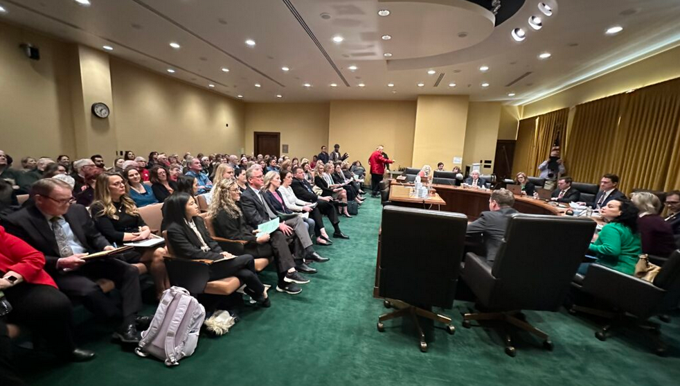 Hundreds packed the hearing room Wednesday to testify for and against Legislative Bill 626, the bill that would ban abortions in Nebraska after an ultrasound can detect fetal cardiac activity. (Aaron Sanderford/Nebraska Examiner)