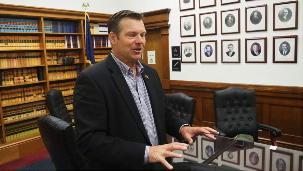 Kansas Attorney General Kris Kobach plans to request a $1 million budget increase from the Legislature in response to challenges filling 23 attorney vacanices in the office, including seven criminal prosecution positions. (Tim Carpenter/Kansas Reflector)