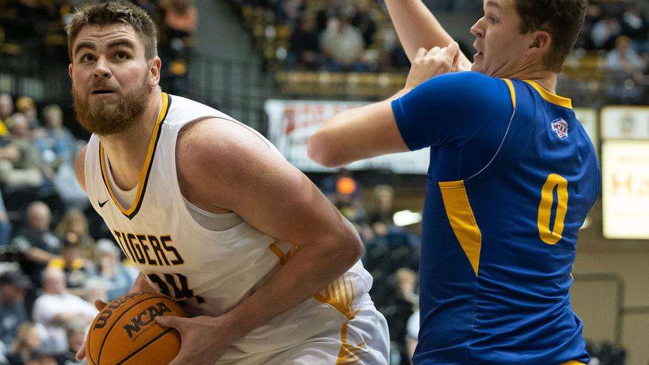 Fort Hays State's Gilbert Peters (34) goes up for a shot vs. Nebraska-Kearney Saturday, Jan. 14, 2023 in Hays, Kan. (FHSU Athletics photo/Madison Shapland)