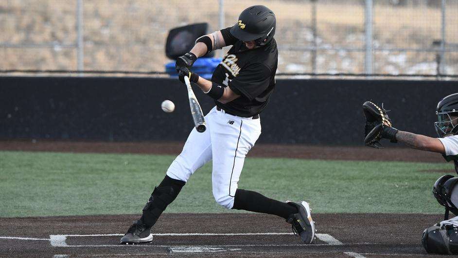 Fort Hays State's Emile Boies (18) swings at a pitch vs. Adams State in Colorado Springs, Colo., Friday, Feb. 3, 2023. (FHSU Athletics photo)